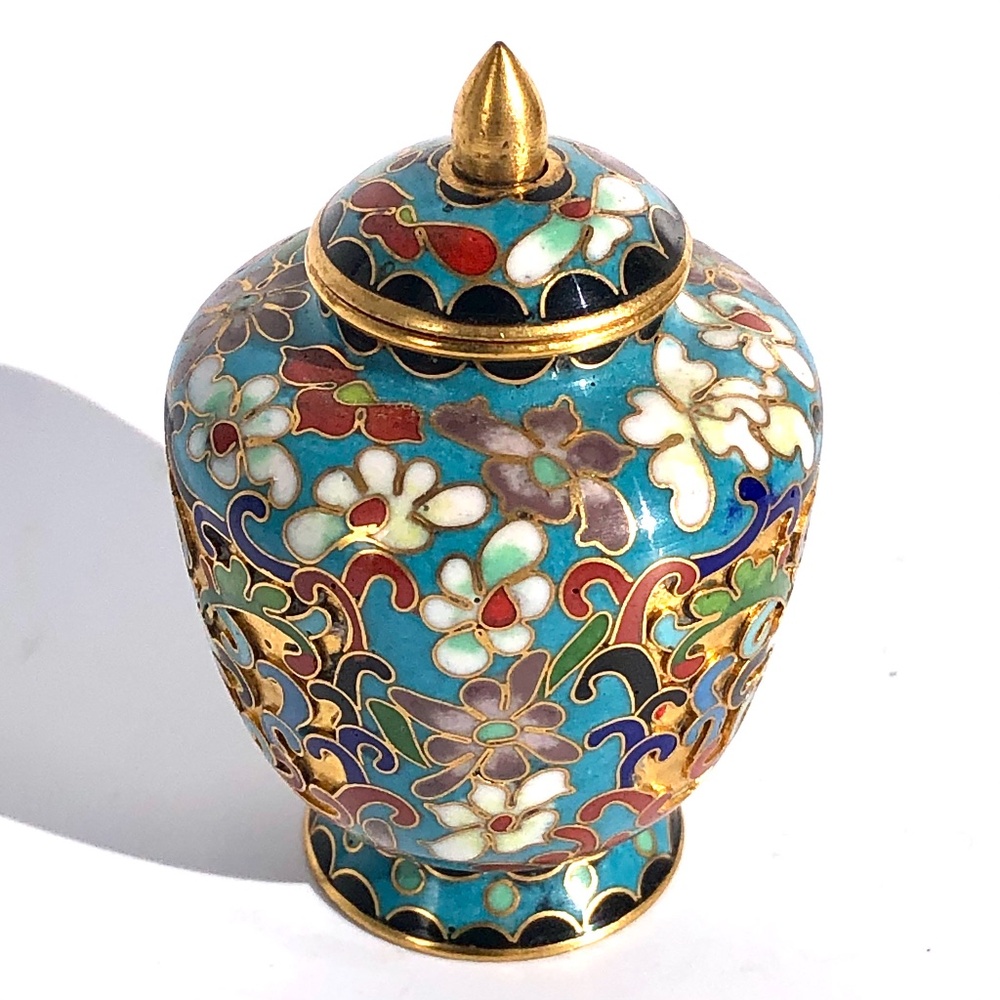 Chinese lotus flower cloisonne ginger jar vase with lid blue gold brass enamel - Picture 5 of 16